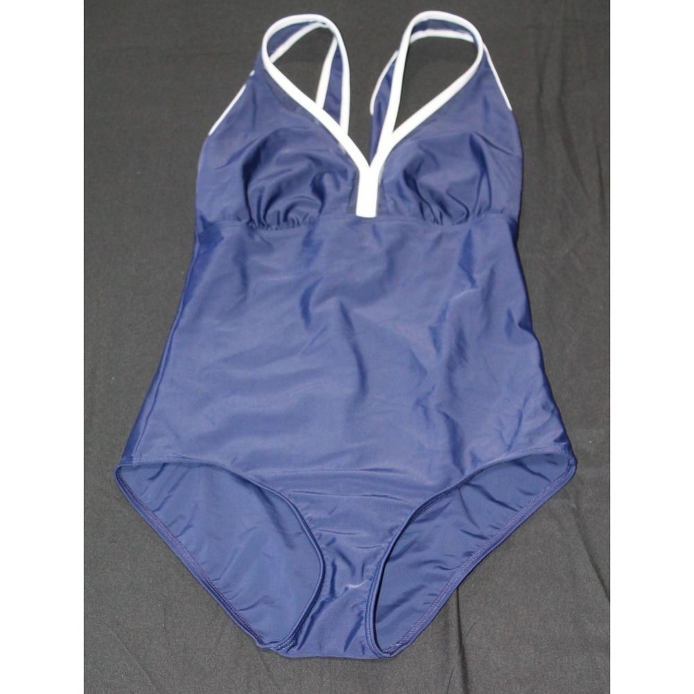 Lascana One Piece Swimsuit Navy Blue GB 40D Soft Cup Plunge Contrast Trim